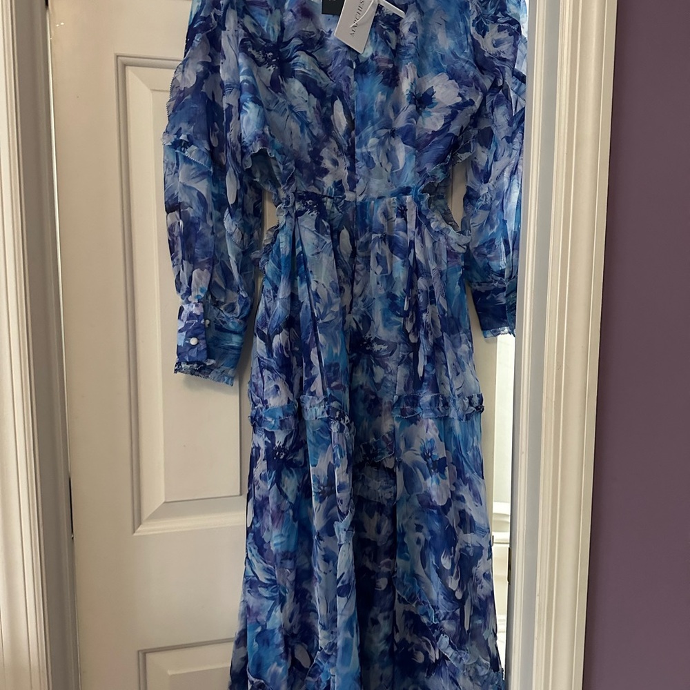 Monique Lhuillier Blue V-Neck Bishop Sleeve Maxi Dress